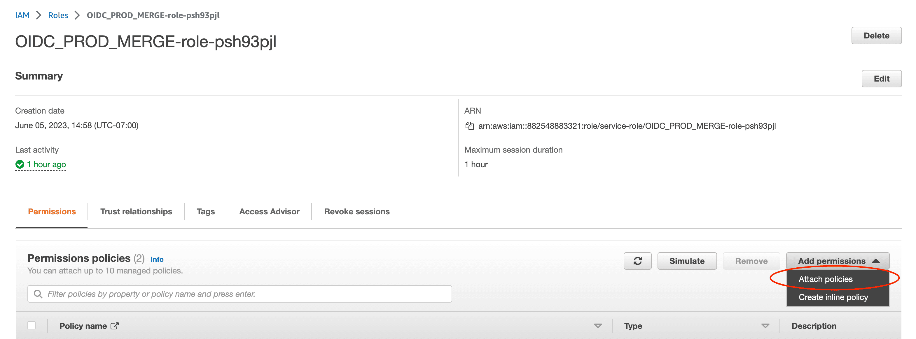 attach policy to oidc prod merge role