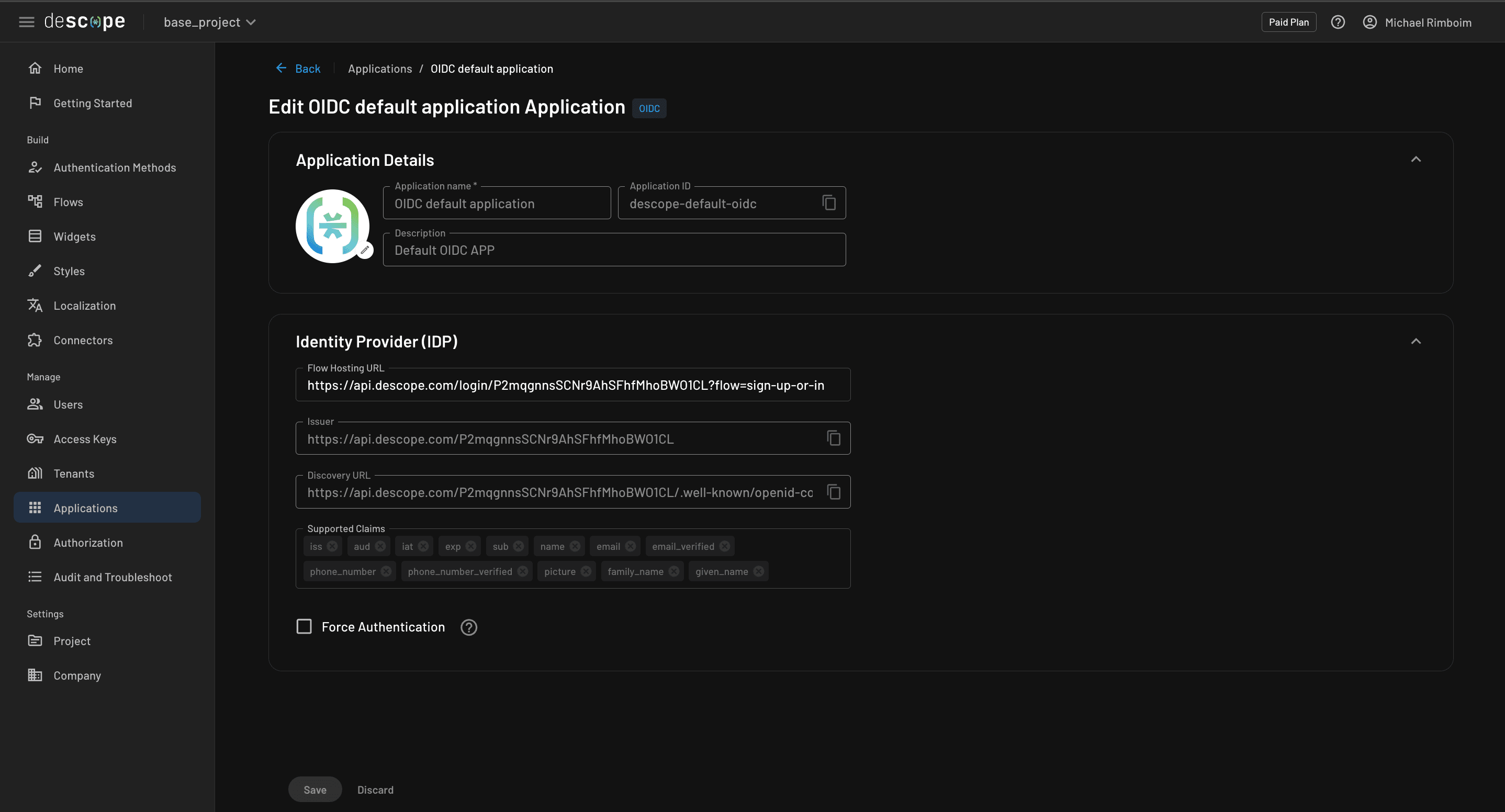 OIDC default application