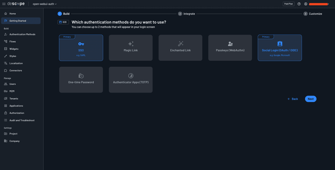 Fig: Selecting social login and SSO as auth methods