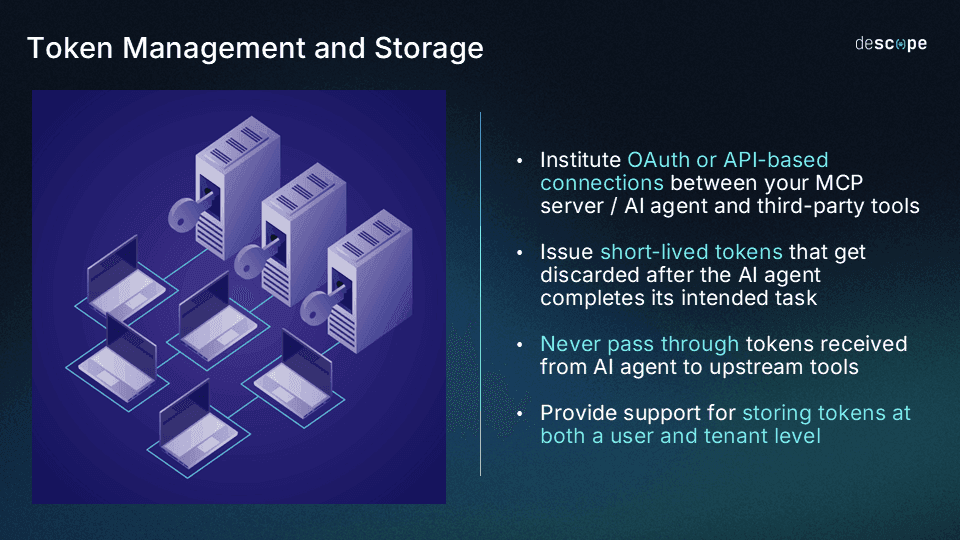 An infographic titled Token Management and Storage on a dark blue gradient background. On the left, an isometric illustration shows several laptops connected to three servers, with a key inserted into each server. On the right, a bulleted list of best practices includes: Institute OAuth or API-based connections between your MCP server / AI agent and third-party tools; Issue short-lived tokens that get discarded after the AI agent completes its intended task; Never pass through tokens received from AI agent to upstream tools; and Provide support for storing tokens at both a user and tenant level. The descope logo is in the top right corner.