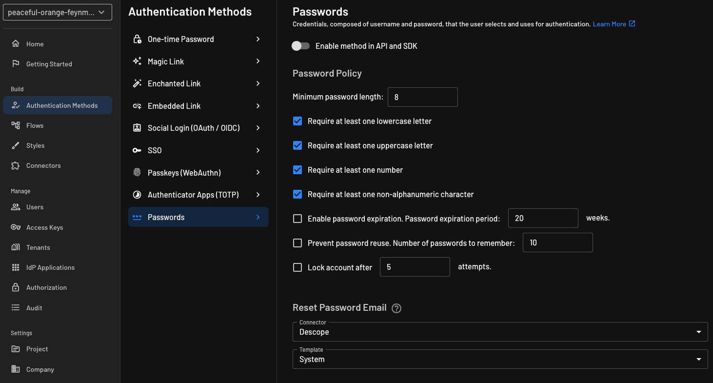 Descope Password Security Options