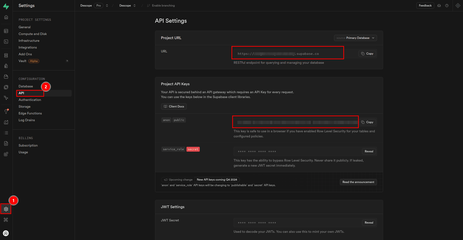 Fig: Retrieving Supabase credentials