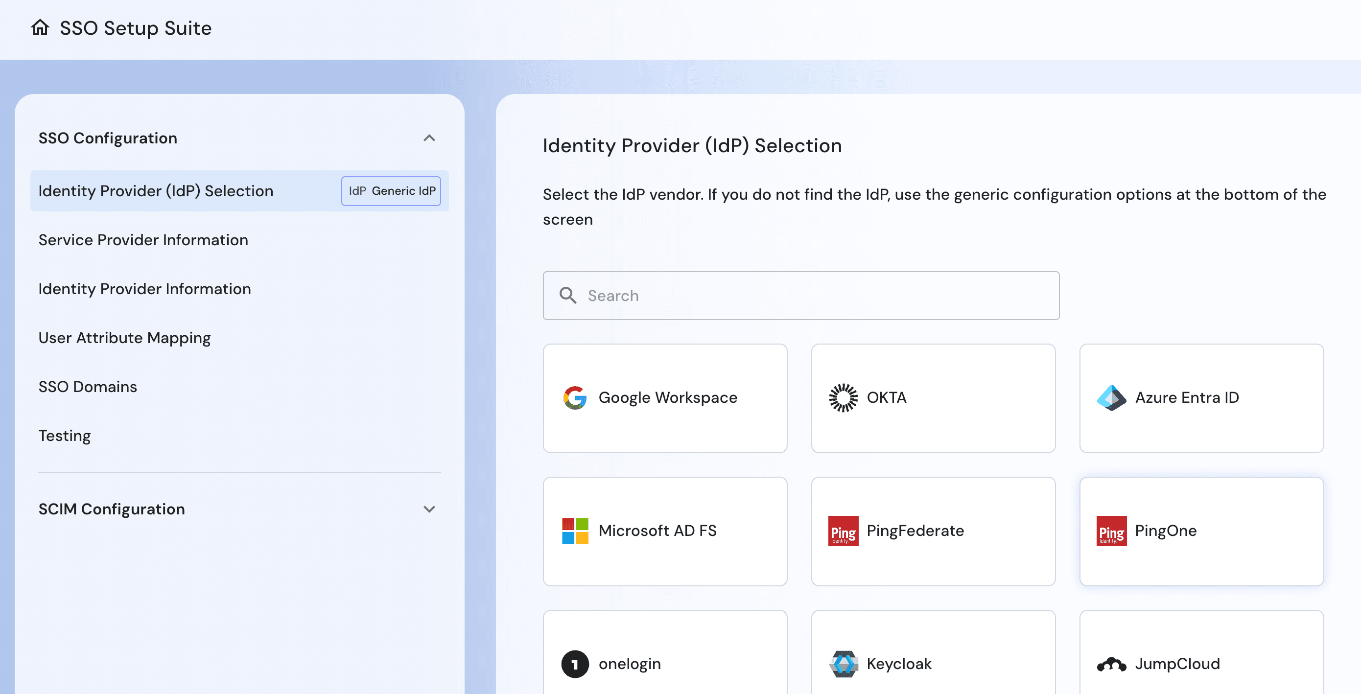 SSO Setup Suite IdP selection