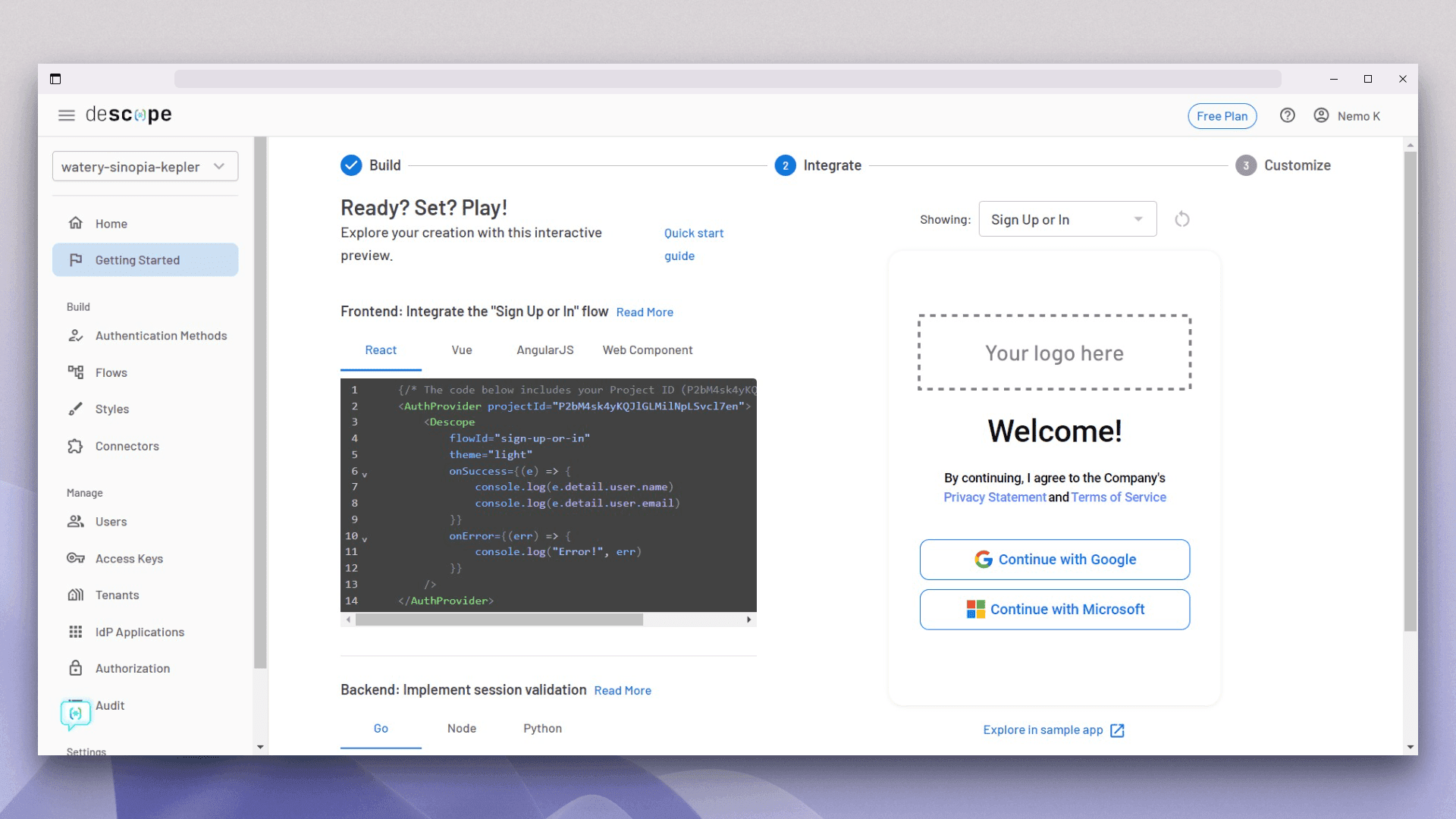 React OAuth Descope Flow complete