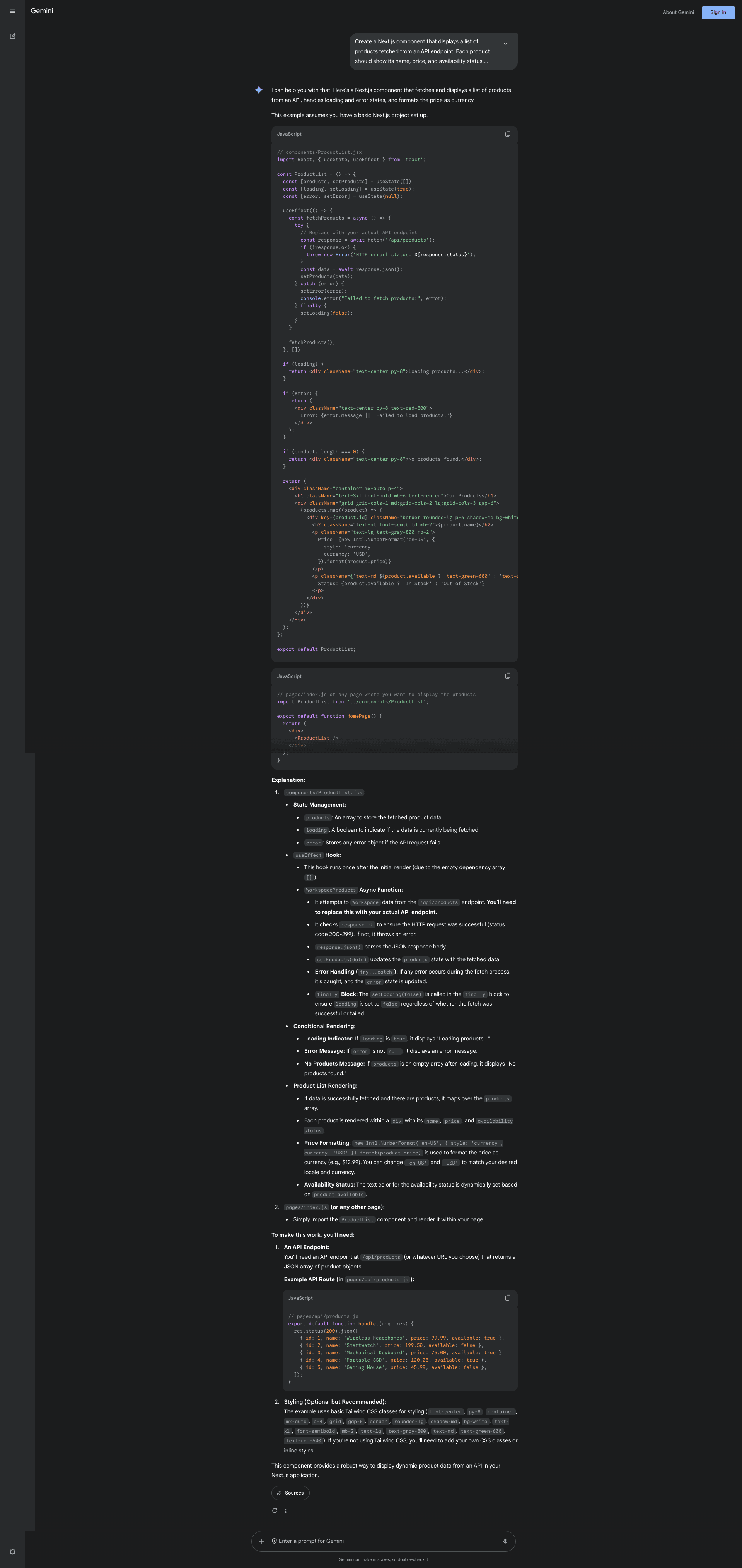 Fig: Gemini's frontend response
