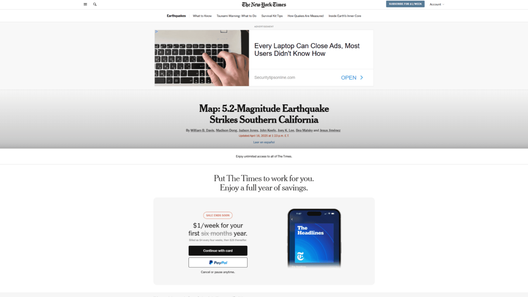 Fig: A free user is prompted to subscribe after exhausting their free daily articles