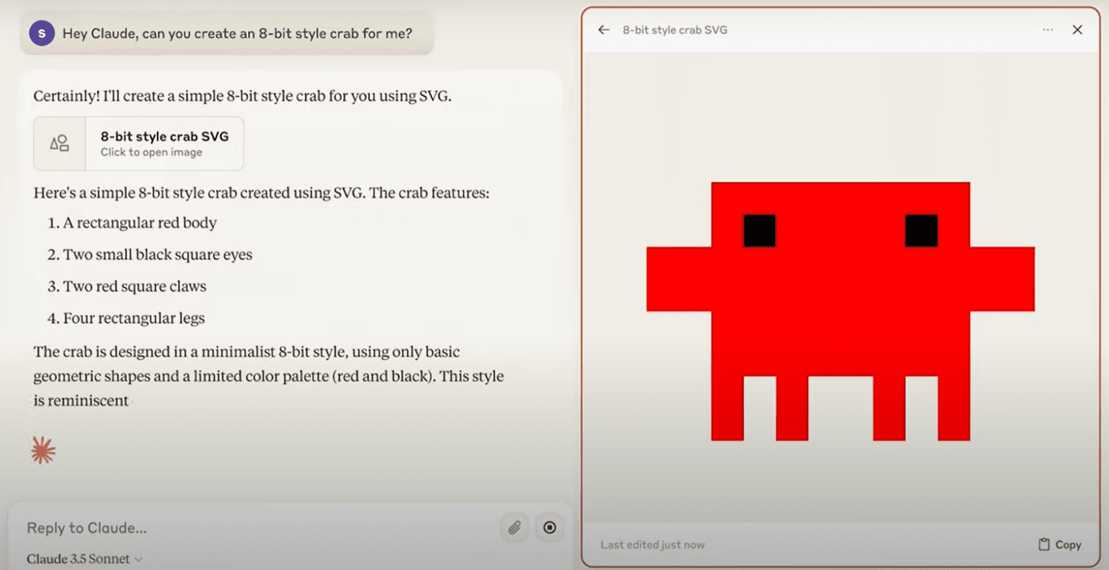 Screenshot of the Claude interface demonstrating the Artifacts feature with Claude 3.5 Sonnet. The user asks Claude to create an 8-bit style crab. Claude responds with an "8-bit style crab SVG" artifact that can be clicked to open the image. Claude describes the crab features: a rectangular red body, two small black square eyes, two red square claws, and four rectangular legs. The text notes the crab is designed in a minimalist 8-bit style using only basic geometric shapes and a limited color palette of red and black. The right panel displays the rendered SVG showing a pixelated red crab with a blocky rectangular body, two black square eyes, protruding square claws on each side, and four rectangular legs at the bottom. The interface shows Claude 3.5 Sonnet selected and a Copy button for the artifact.
