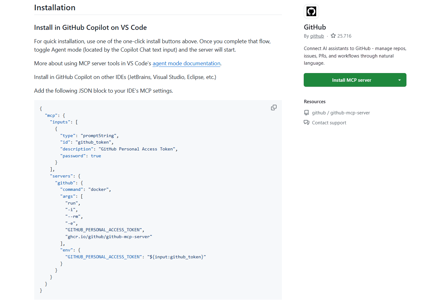 Fig: The page for "GitHub MCP Server" on the GitHub MCP Registry