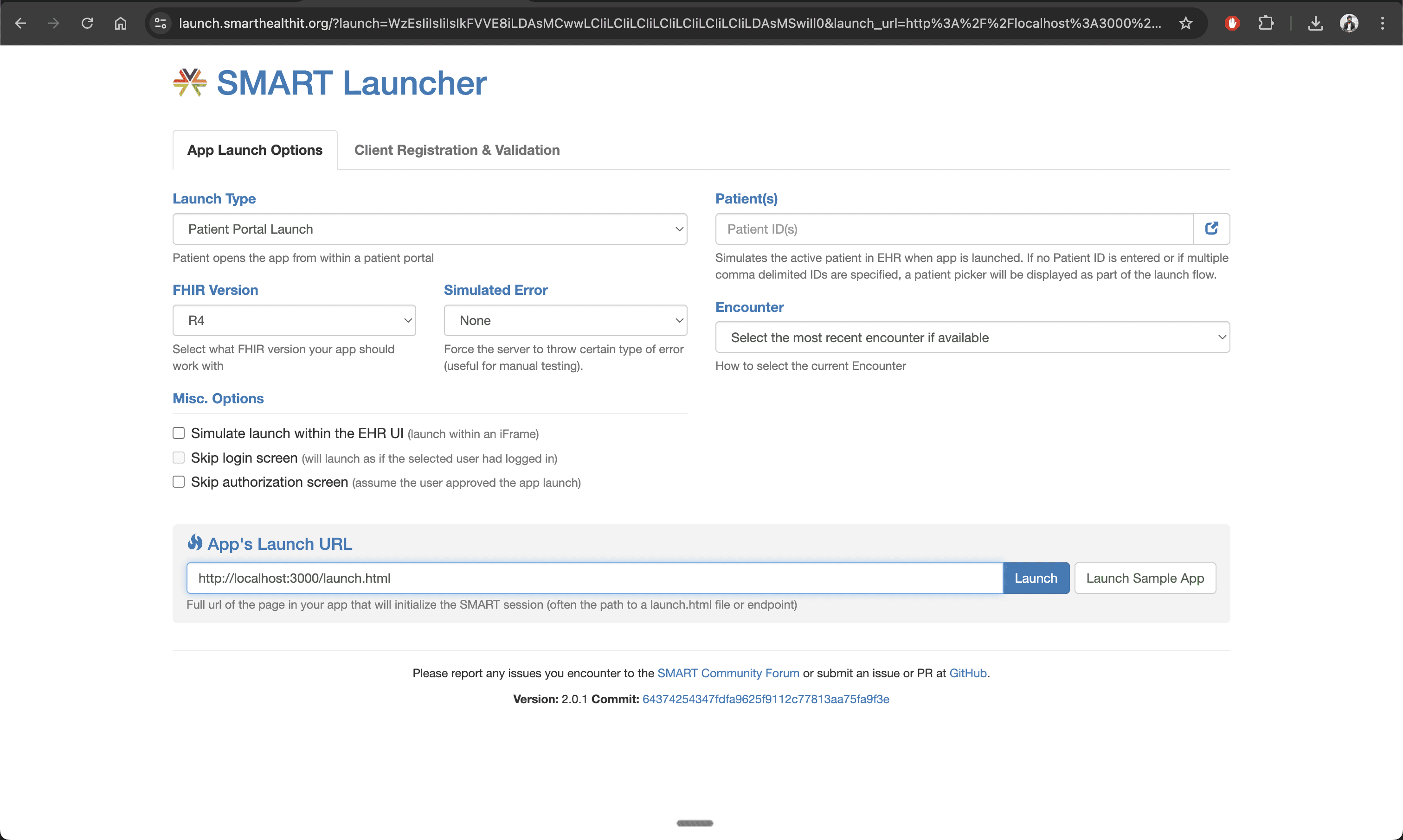 Fig: Testing using the SMART Health IT Launcher
