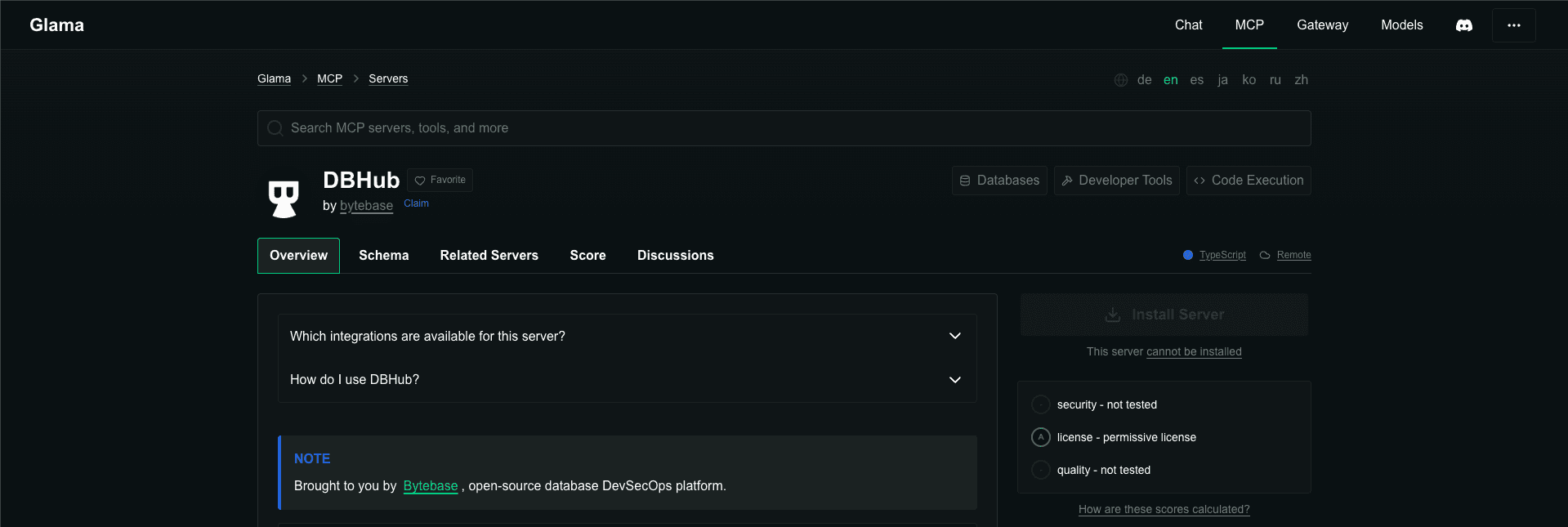 Fig: Highlighting the inability to one-click install DBHub via Glama