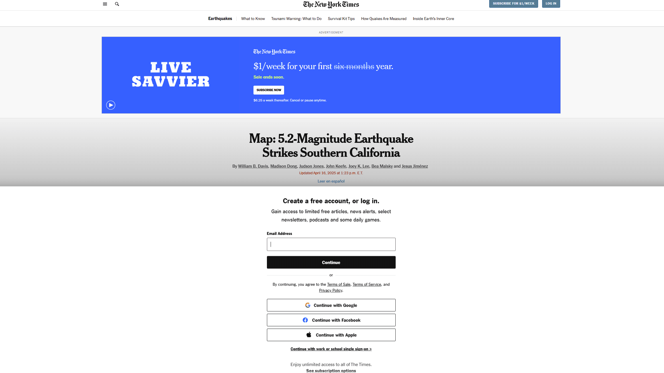 Fig: An unauthenticated user is prompted to create an account or log in to read an article