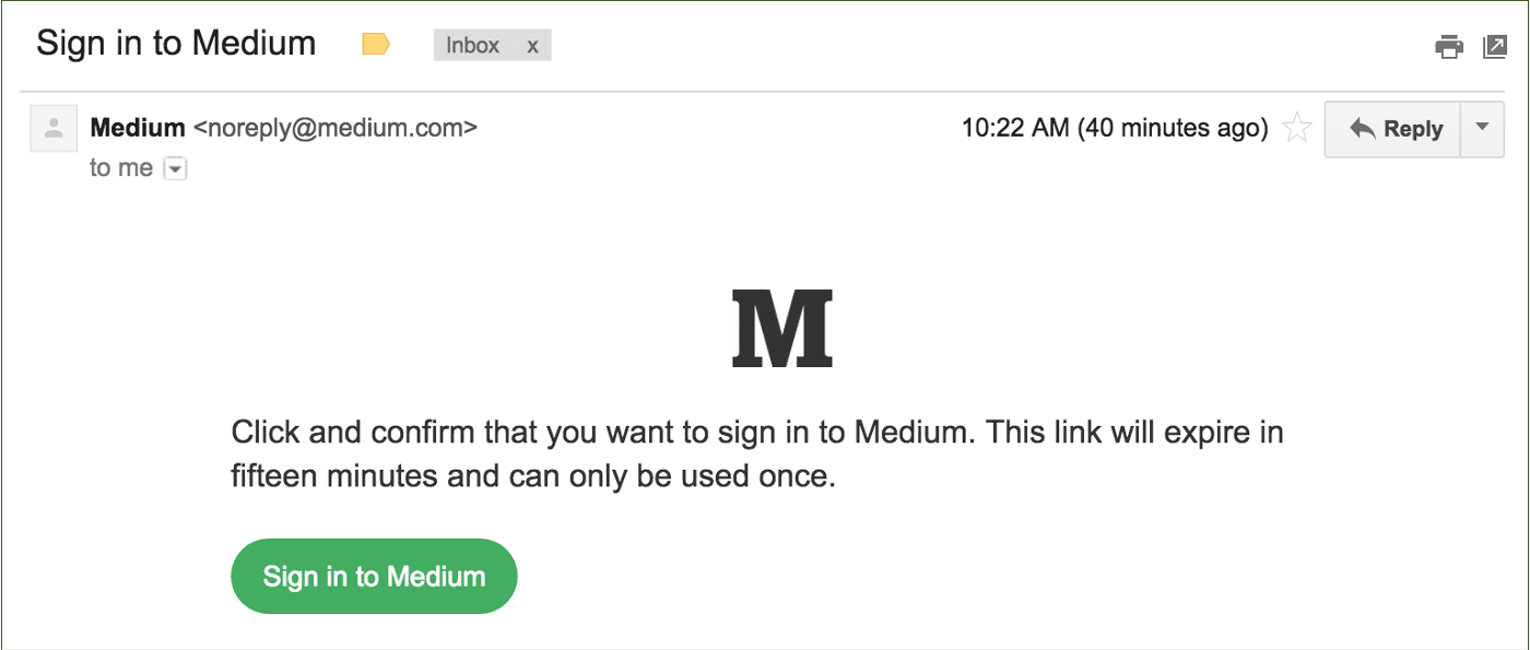 Example of magic link authentication used by Medium