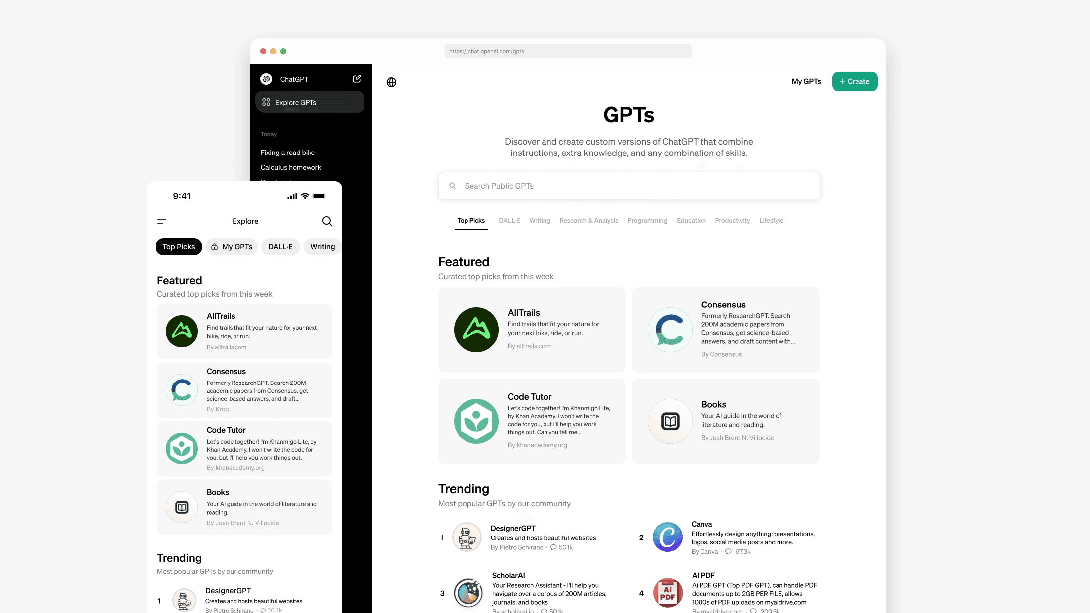 Screenshot showing the GPT Store interface on both mobile and desktop views. The desktop browser displays chat.openai.com/gpts with the heading "GPTs" and description "Discover and create custom versions of ChatGPT that combine instructions, extra knowledge, and any combination of skills." A search bar allows searching public GPTs, with category tabs including Top Picks, DALL-E, Writing, Research & Analysis, Programming, Education, Productivity, and Lifestyle. The Featured section shows curated top picks including AllTrails for finding trails for hikes, rides, or runs, Consensus (formerly ResearchGPT) for searching 200M academic papers, Code Tutor by Khan Academy (Khanmigo Lite), and Books as an AI guide for literature. The Trending section displays popular community GPTs: DesignerGPT for creating websites, Canva for designing presentations and logos, ScholarAI for navigating academic articles, and AI PDF for handling PDF documents up to 2GB. The mobile view shows the same Explore interface with Top Picks, My GPTs, DALL-E, and Writing filters, displaying the same Featured and Trending GPTs in a compact layout. The sidebar shows recent conversation history including "Fixing a road bike" and "Calculus homework."