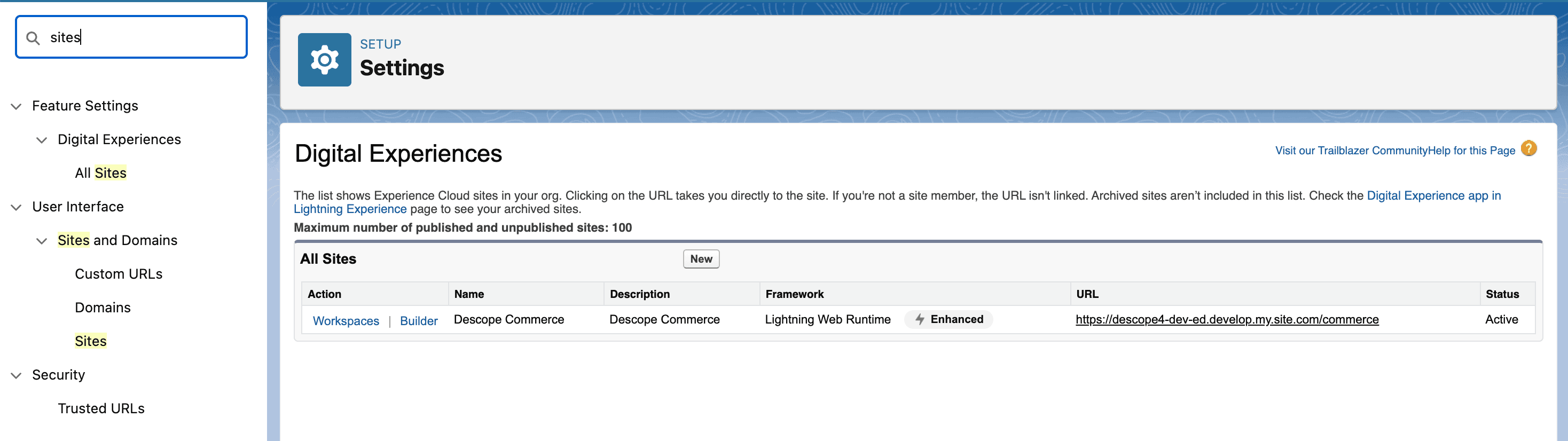 Fig: Viewing the site settings page