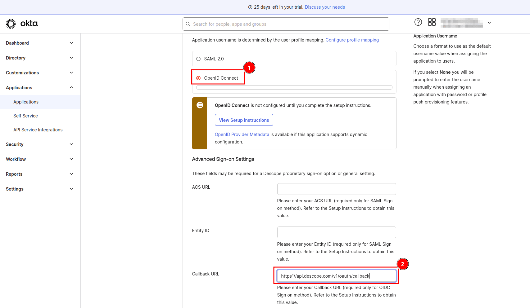 Fig: Configuring Okta OIDC callback URL