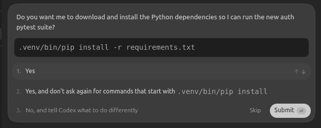 Fig: Codex pauses and asks for confirmation before installing dependencies