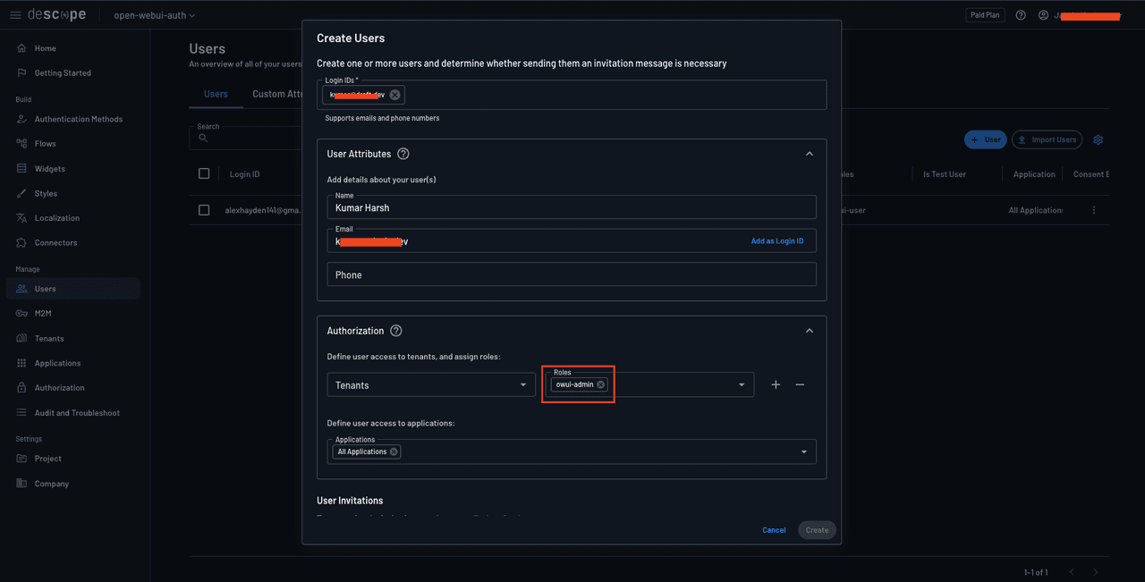 Fig: Creating a new admin user in Descope