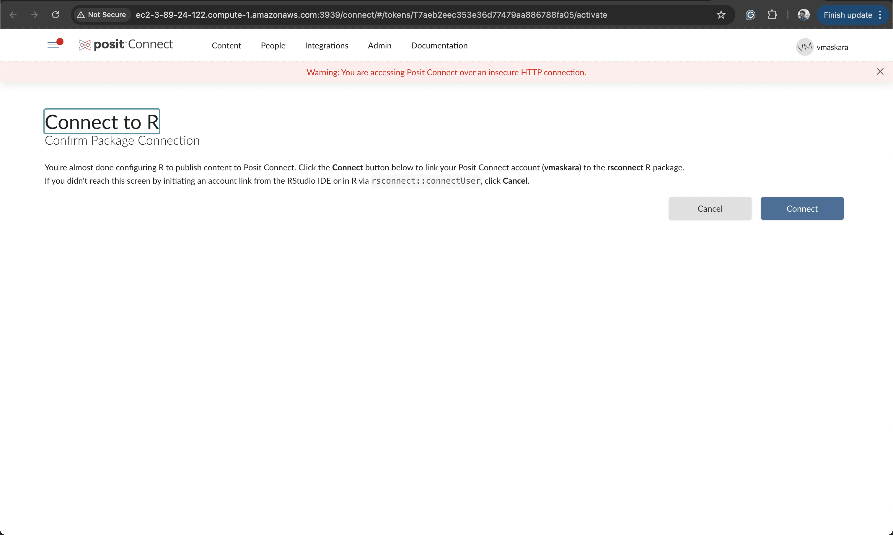 Fig: Confirm Posit connect connection with RStudio