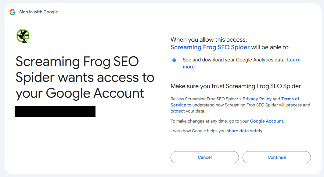 Fig: Example of the user being asked to grant permission to Screaming Frog to access their Google account