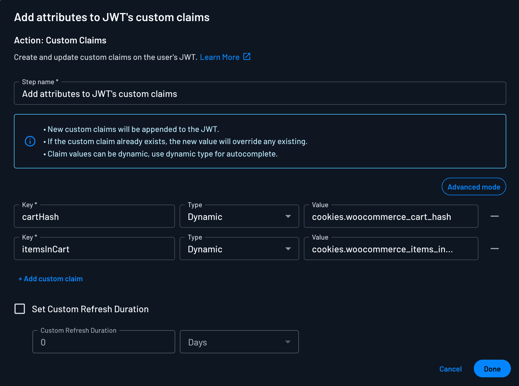 Fig: Adding attributes to the JWT's custom claims