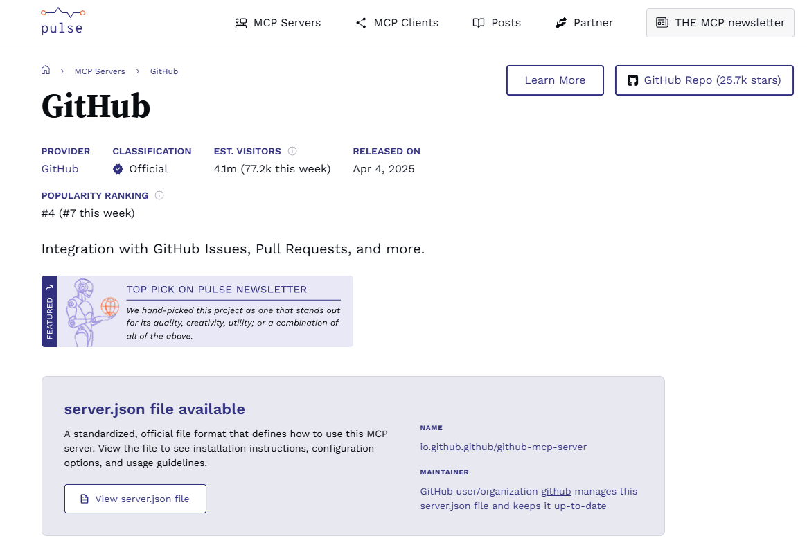 Fig: The result for searching "GitHub MCP Server" on PulseMCP