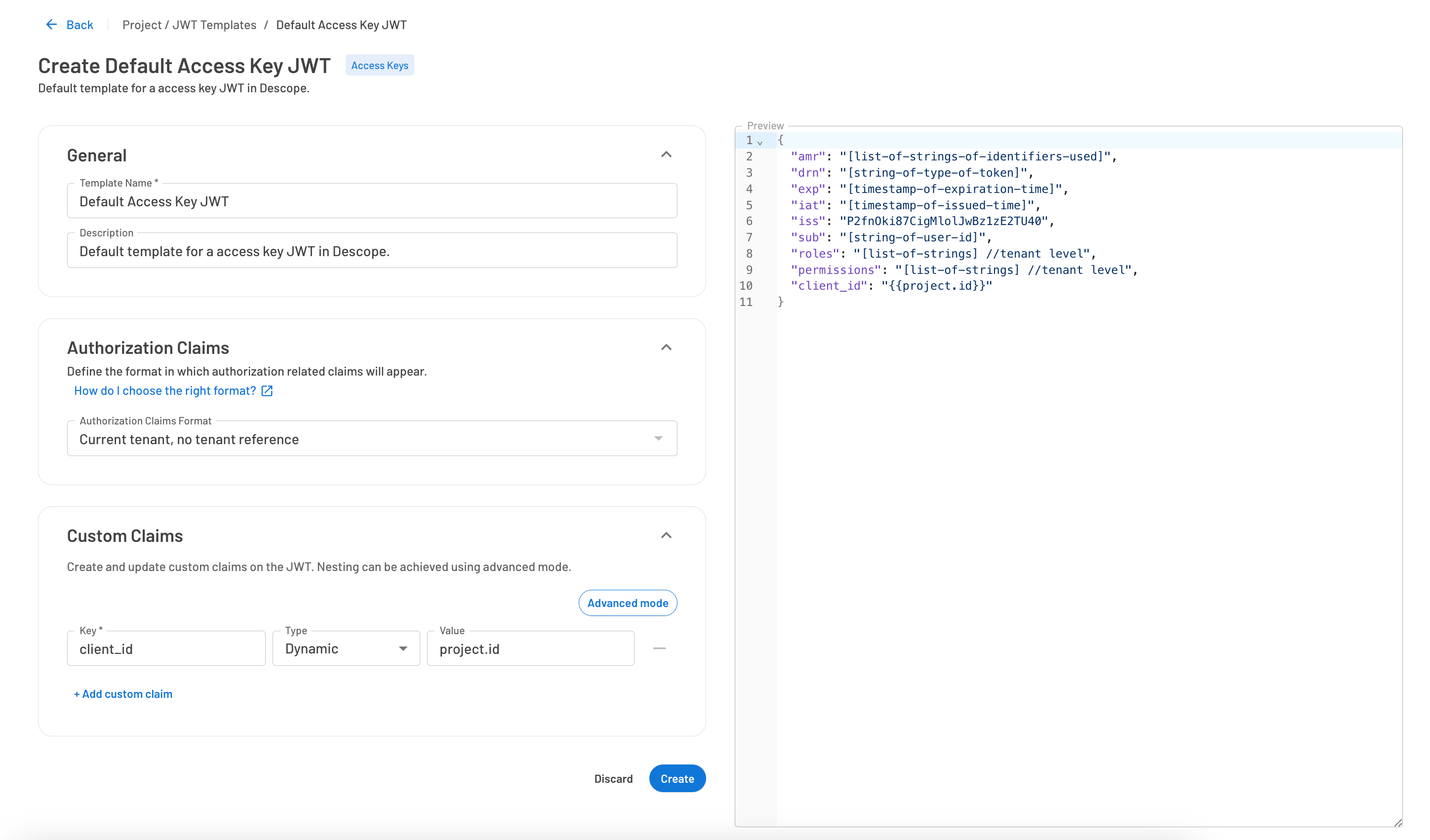 Creating an access key JWT template in Descope