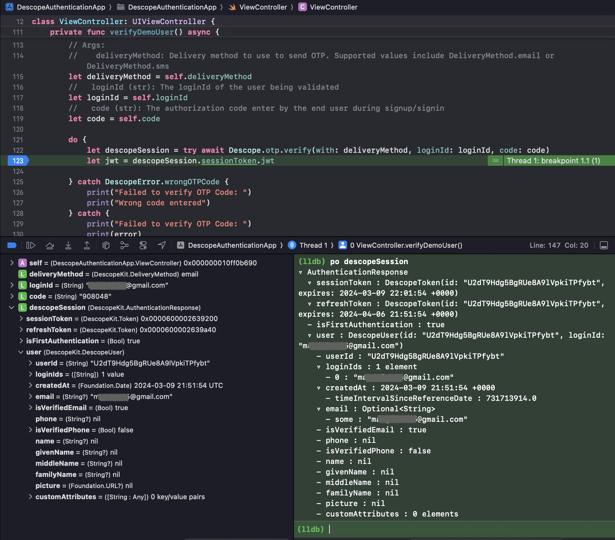 Swift tutorial Descope response