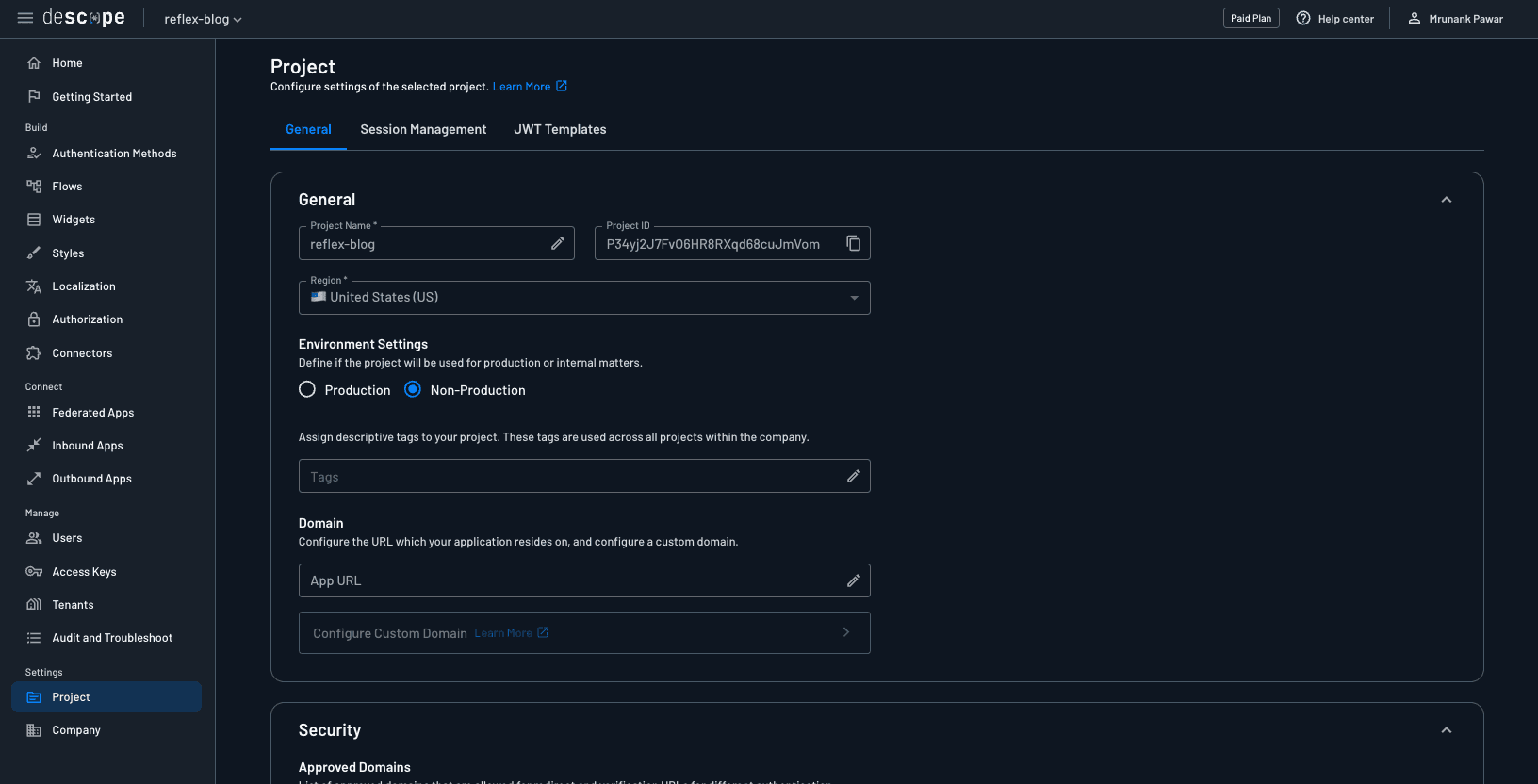 Fig: Descope console project settings