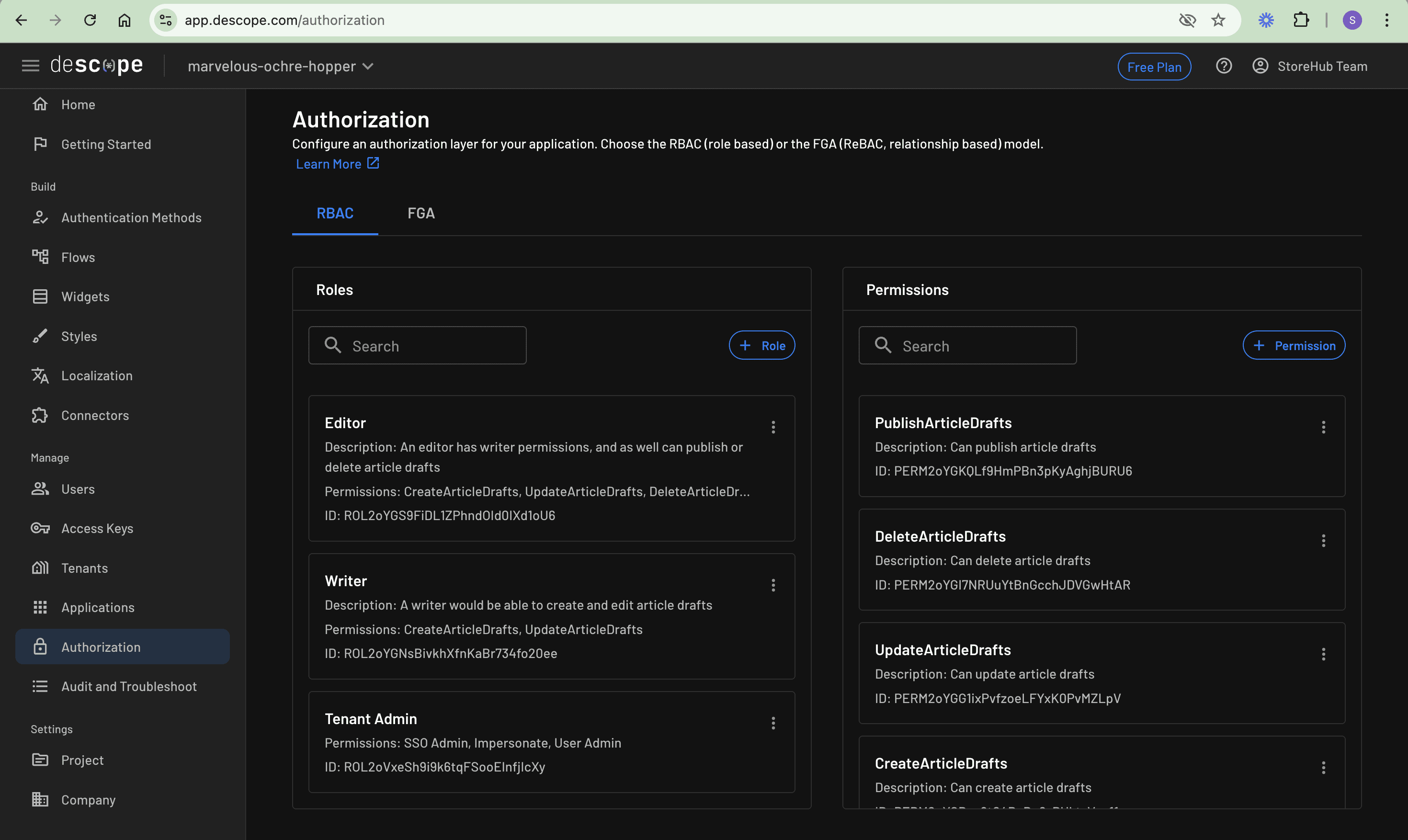 Descope Console Authorization page with Roles and Permissions tab