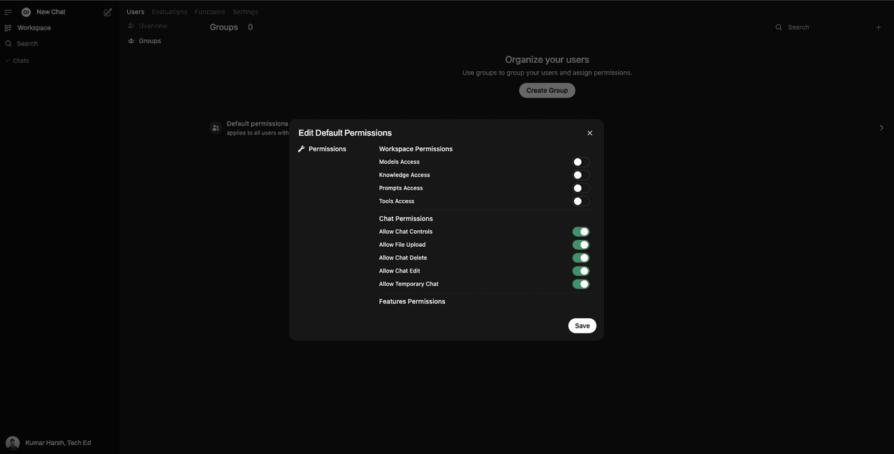 Fig: Viewing available permission controls in Open WebUI