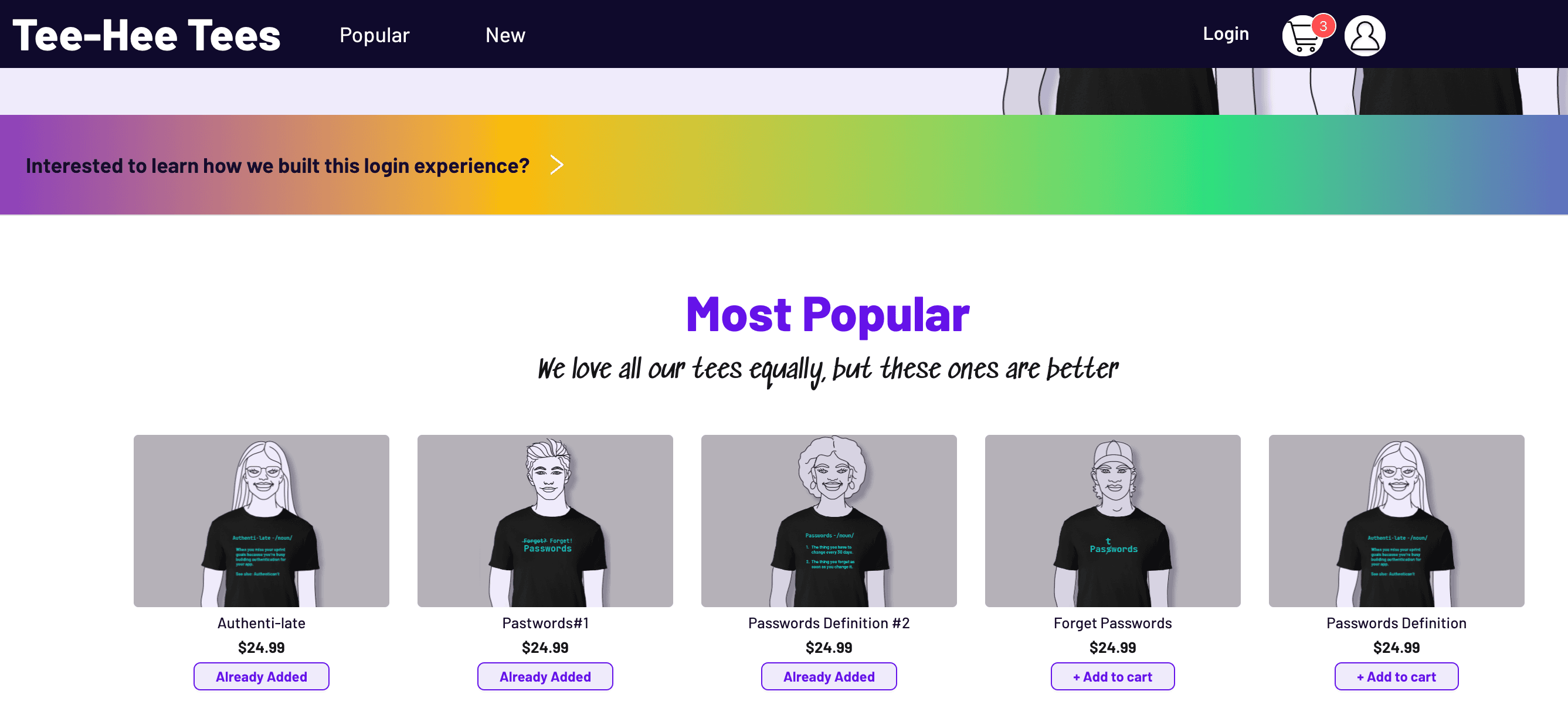 Fig: Sample app "Tee-Hee Tees" page