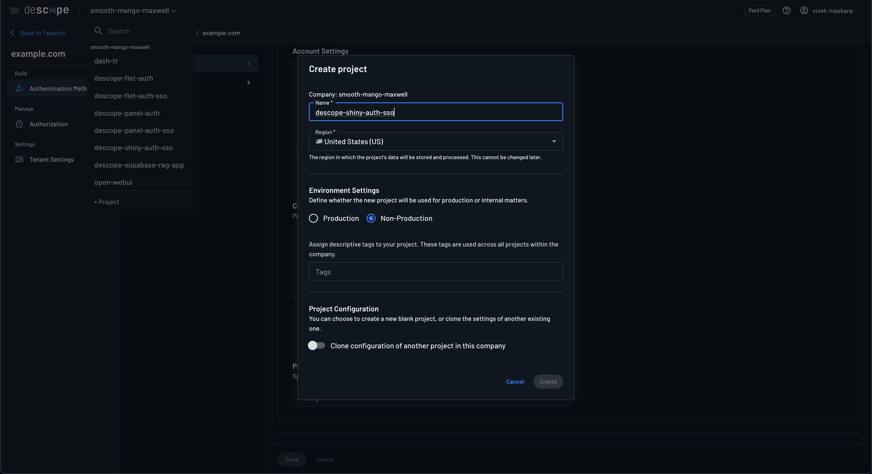 Fig: Create new Descope project