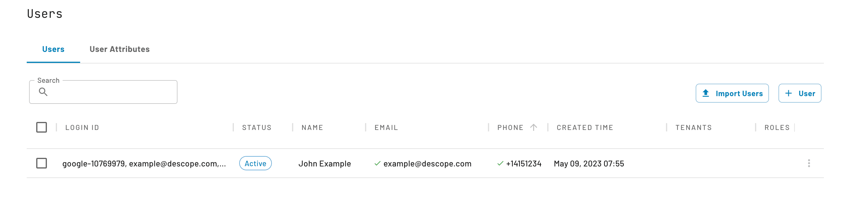 User table screenshot